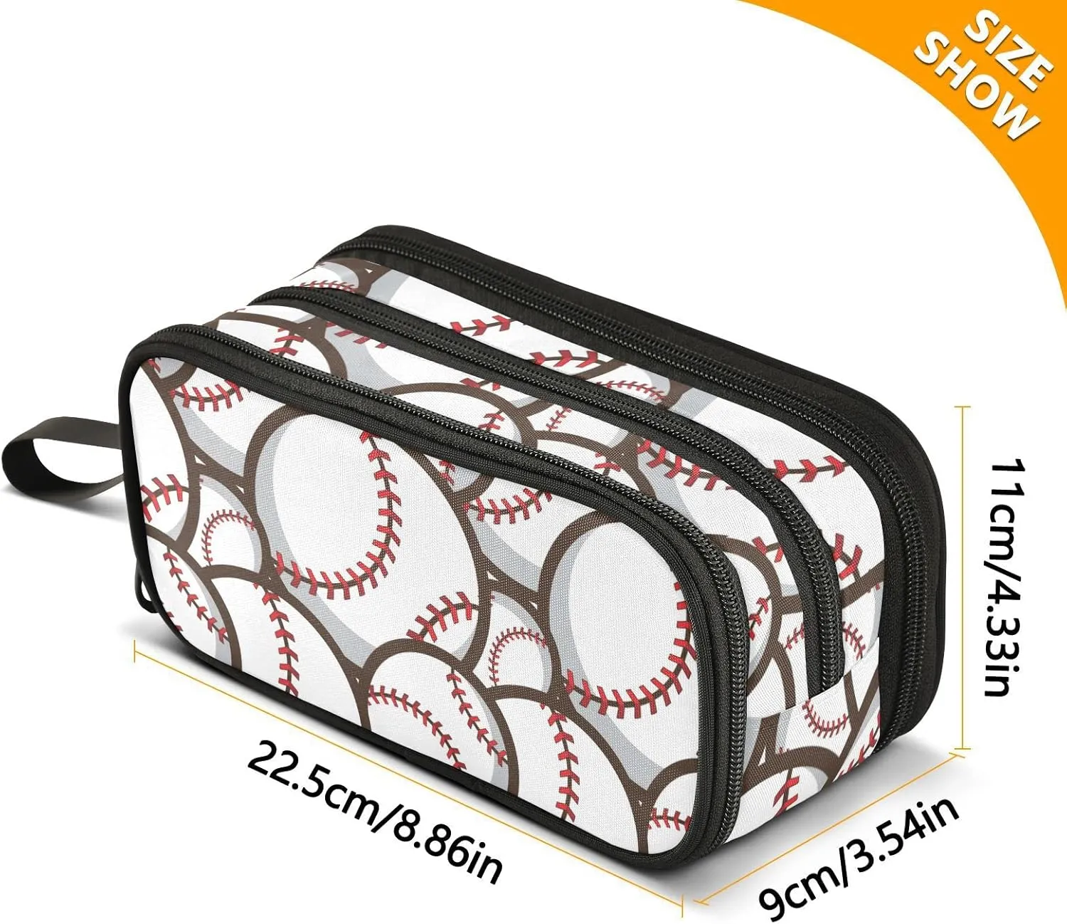 ZAZYXTJ Baseball Ball Large Capacity Pencil Case 3 Compartment Pen Pouch Storage Canvas Makeup Bag for School Office Teen Girl Boy Men Women