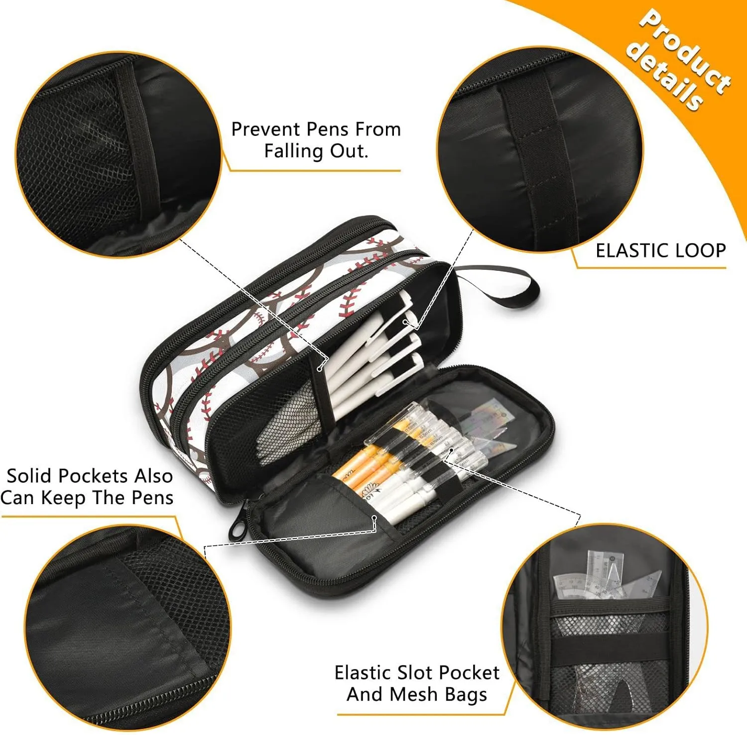 ZAZYXTJ Baseball Ball Large Capacity Pencil Case 3 Compartment Pen Pouch Storage Canvas Makeup Bag for School Office Teen Girl Boy Men Women