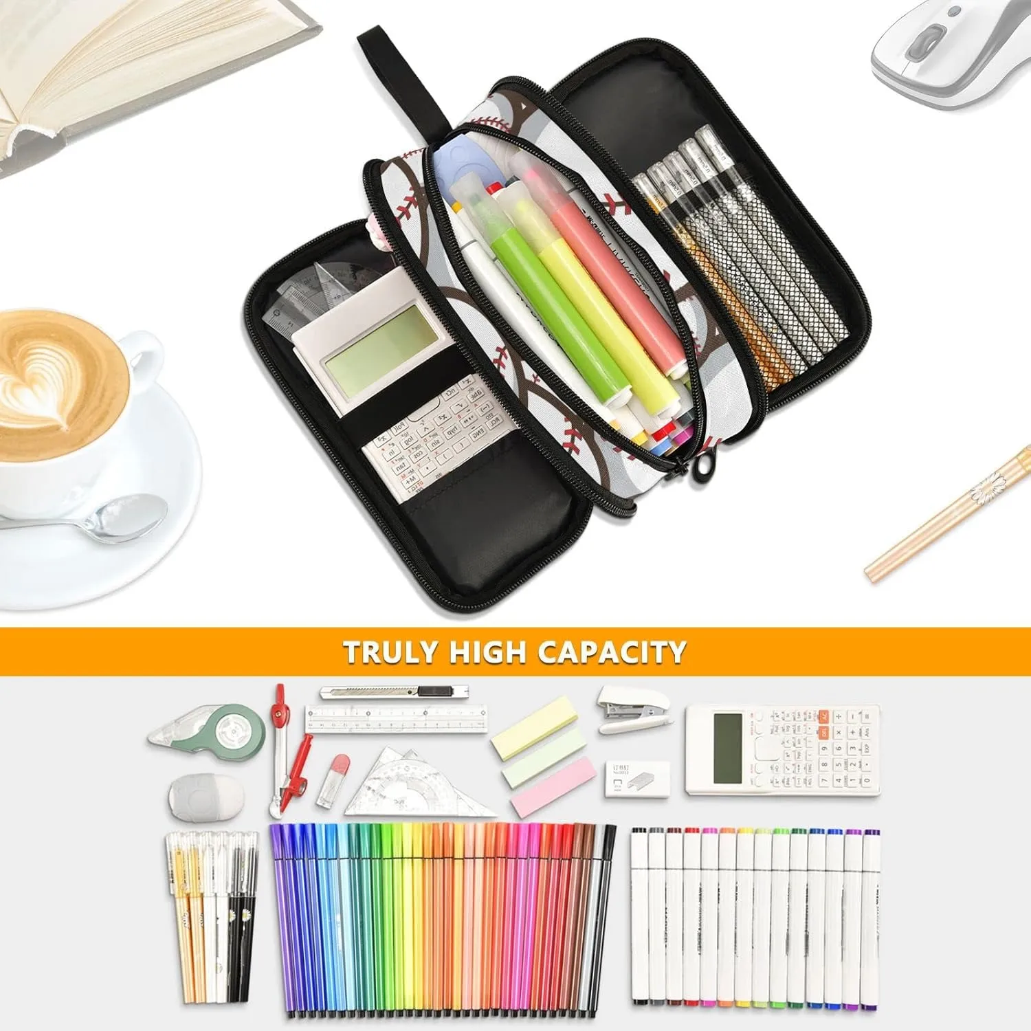 ZAZYXTJ Baseball Ball Large Capacity Pencil Case 3 Compartment Pen Pouch Storage Canvas Makeup Bag for School Office Teen Girl Boy Men Women