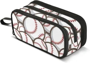 ZAZYXTJ Baseball Ball Large Capacity Pencil Case 3 Compartment Pen Pouch Storage Canvas Makeup Bag for School Office Teen Girl Boy Men Women