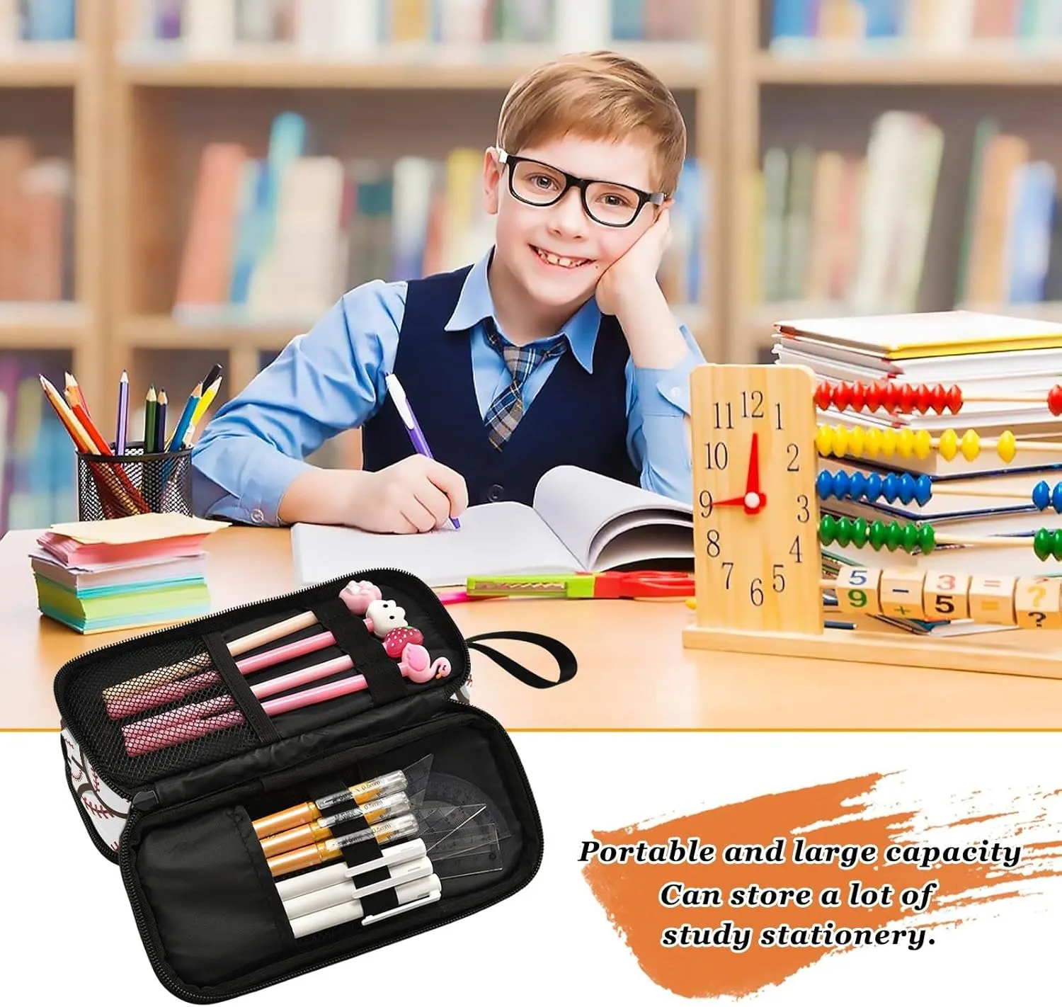 ZAZYXTJ Baseball Ball Large Capacity Pencil Case 3 Compartment Pen Pouch Storage Canvas Makeup Bag for School Office Teen Girl Boy Men Women