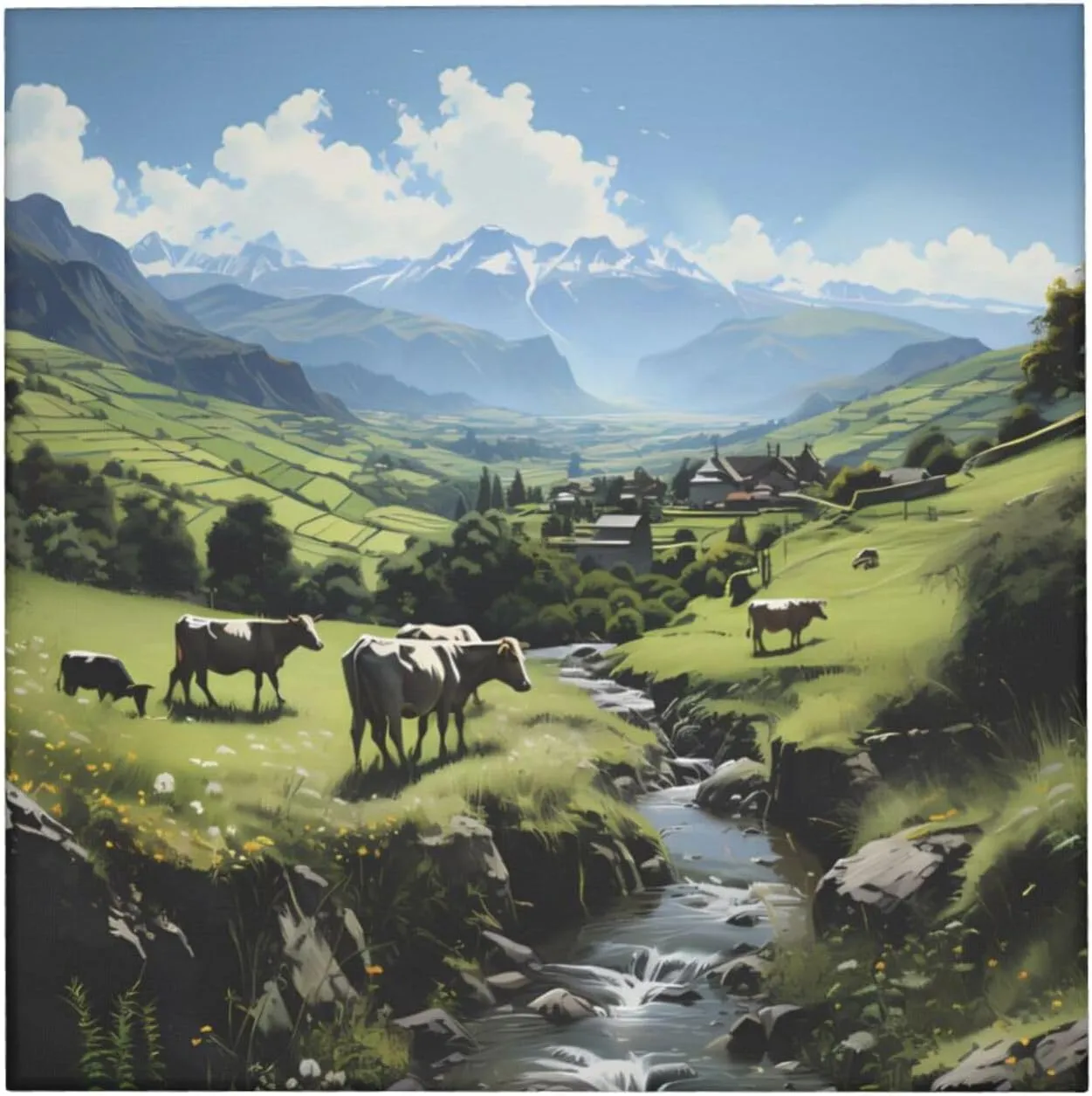 ZhRiYan 12"x12" Canvas Decorative Picture - Alpine Farm Cows Print Abstract Realistic Home Decor for Living Room, Bedroom, Office
