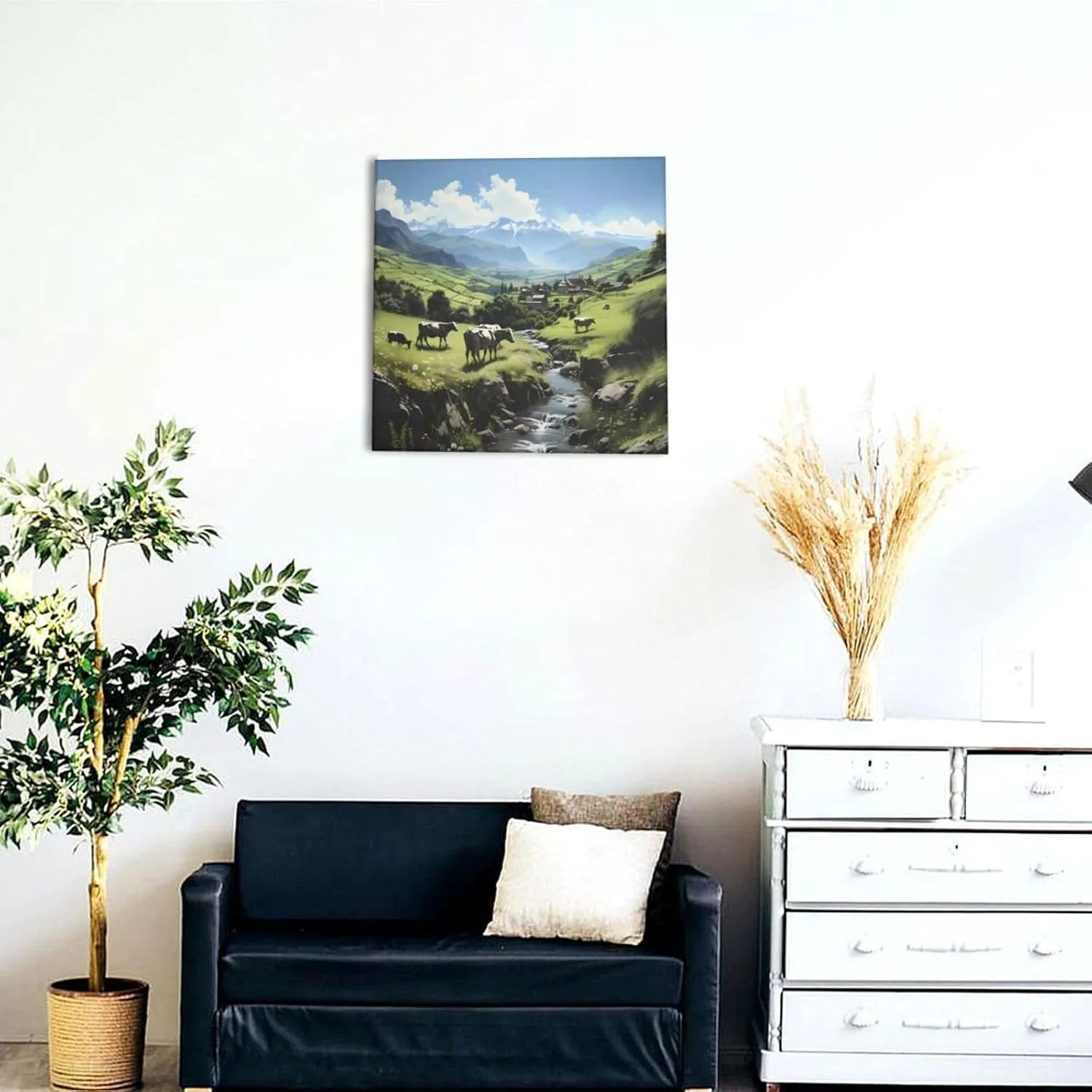 ZhRiYan 12"x12" Canvas Decorative Picture - Alpine Farm Cows Print Abstract Realistic Home Decor for Living Room, Bedroom, Office