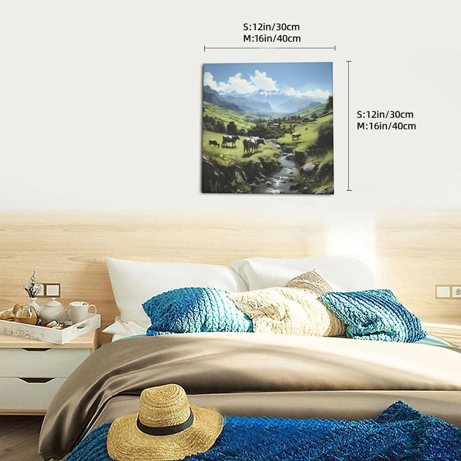 ZhRiYan 12"x12" Canvas Decorative Picture - Alpine Farm Cows Print Abstract Realistic Home Decor for Living Room, Bedroom, Office