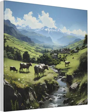 ZhRiYan 12"x12" Canvas Decorative Picture - Alpine Farm Cows Print Abstract Realistic Home Decor for Living Room, Bedroom, Office
