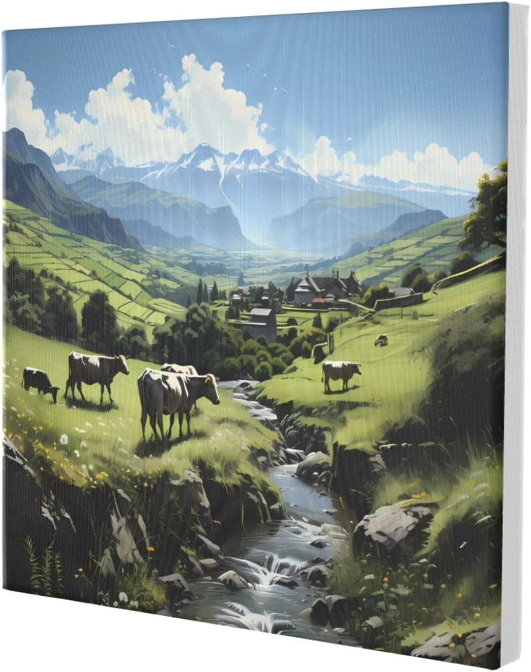 ZhRiYan 12"x12" Canvas Decorative Picture - Alpine Farm Cows Print Abstract Realistic Home Decor for Living Room, Bedroom, Office