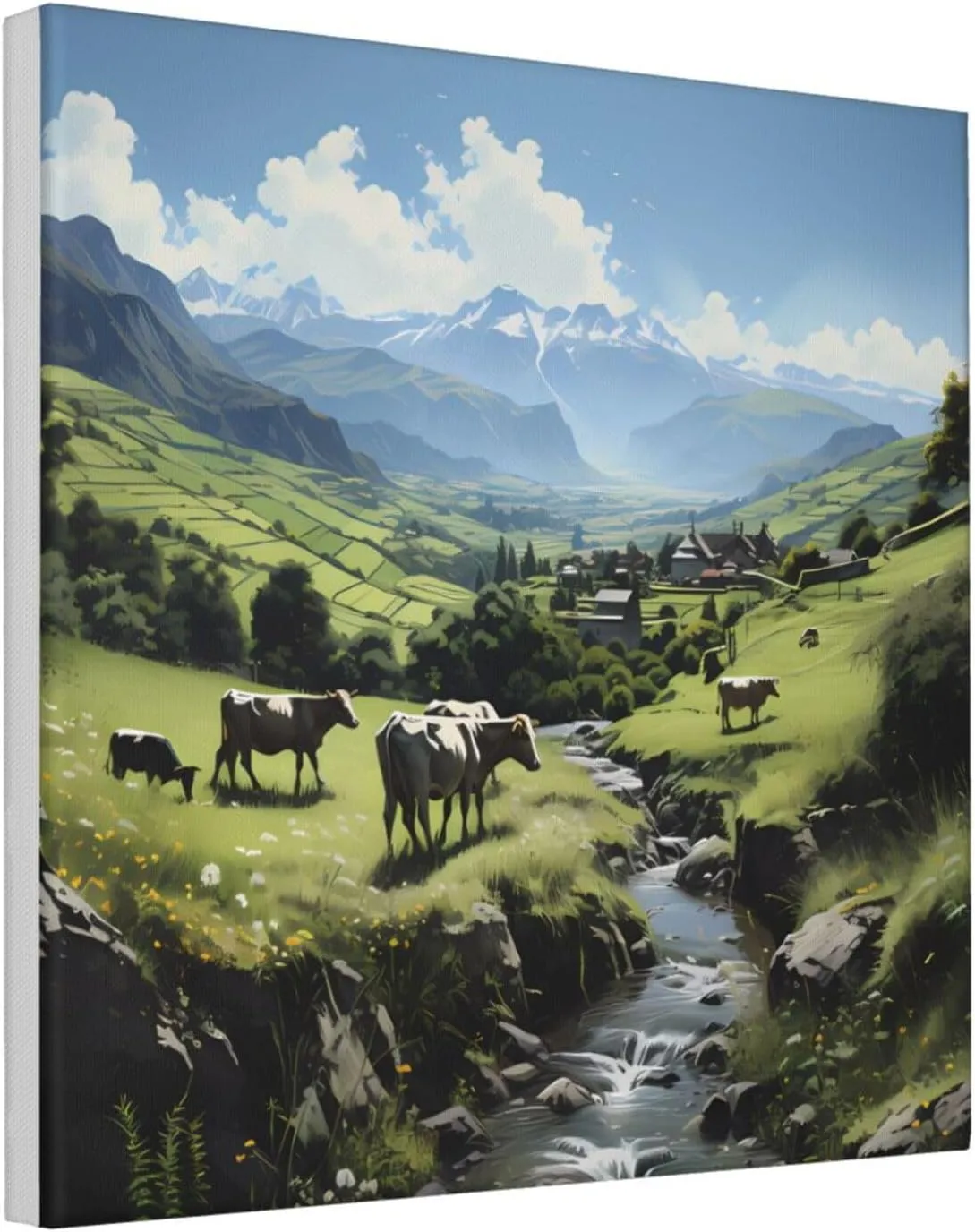 ZhRiYan 12"x12" Canvas Decorative Picture - Alpine Farm Cows Print Abstract Realistic Home Decor for Living Room, Bedroom, Office