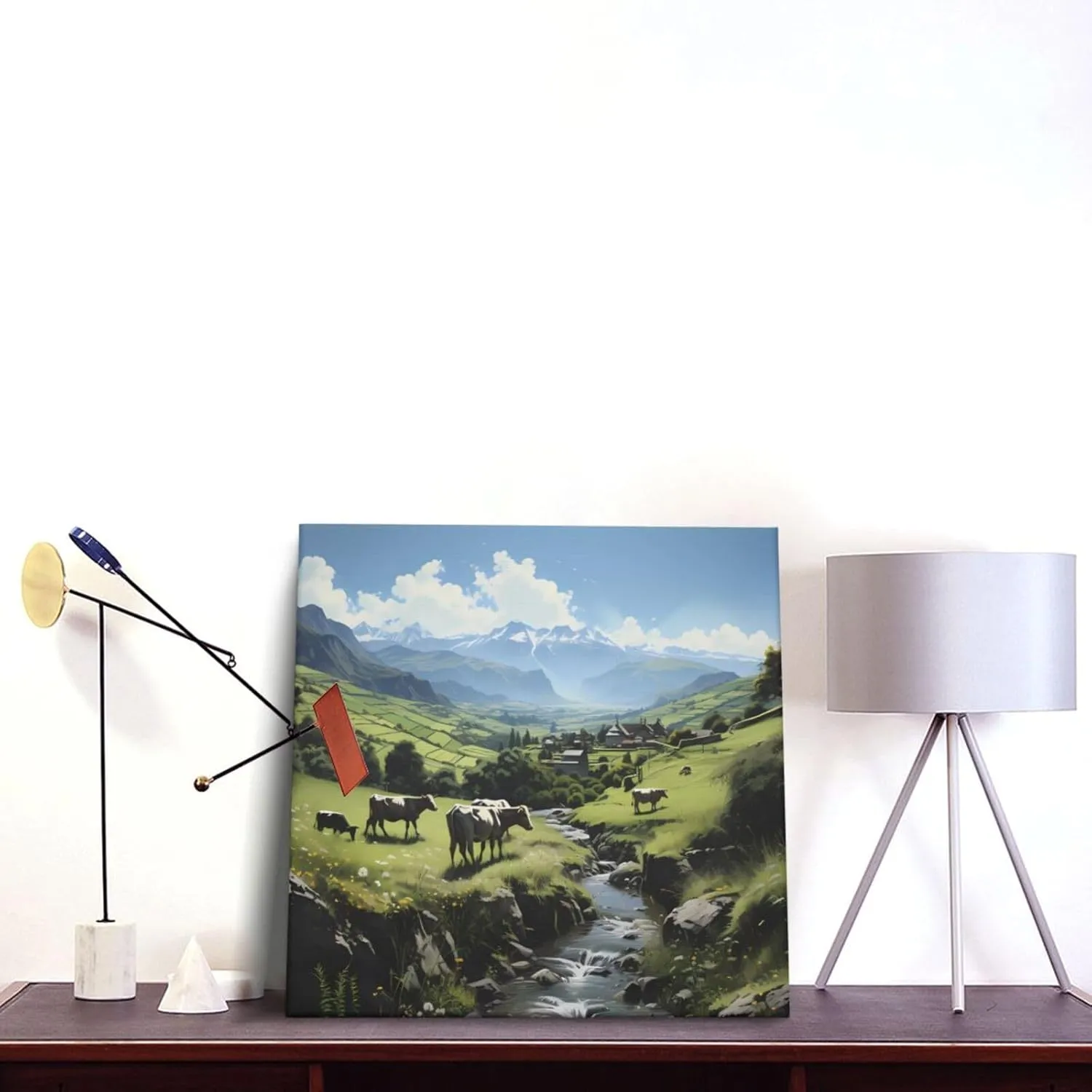 ZhRiYan 12"x12" Canvas Decorative Picture - Alpine Farm Cows Print Abstract Realistic Home Decor for Living Room, Bedroom, Office