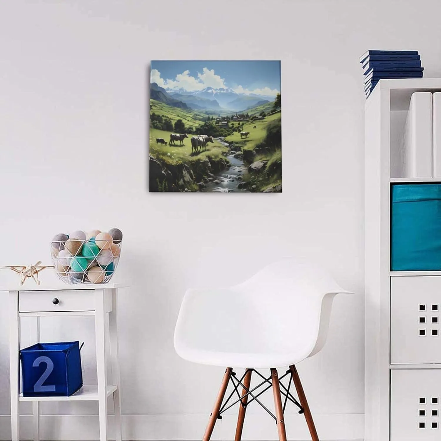 ZhRiYan 12"x12" Canvas Decorative Picture - Alpine Farm Cows Print Abstract Realistic Home Decor for Living Room, Bedroom, Office
