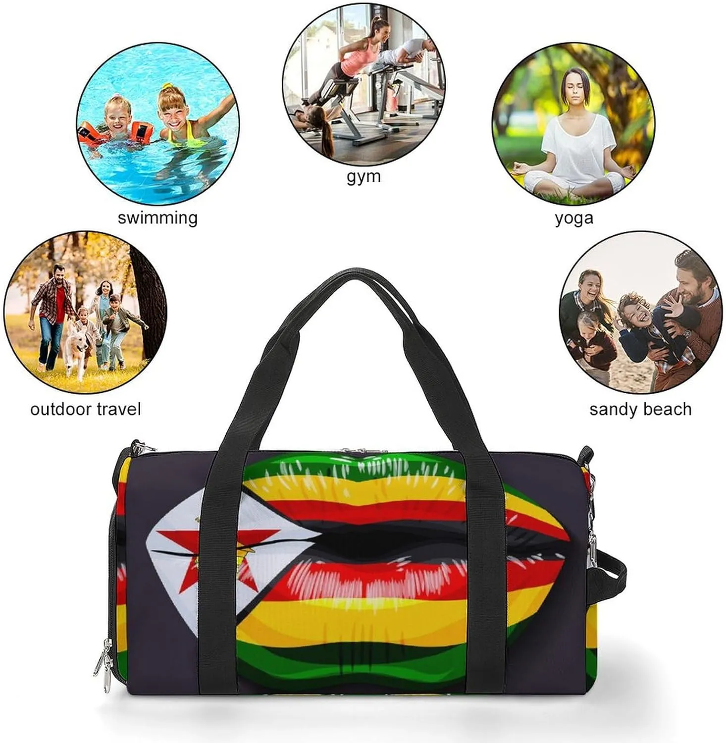 Zimbabwe Flag Lips Sports Duffel Bag with Wet Pocket and Shoe Compartment Travel Weekender