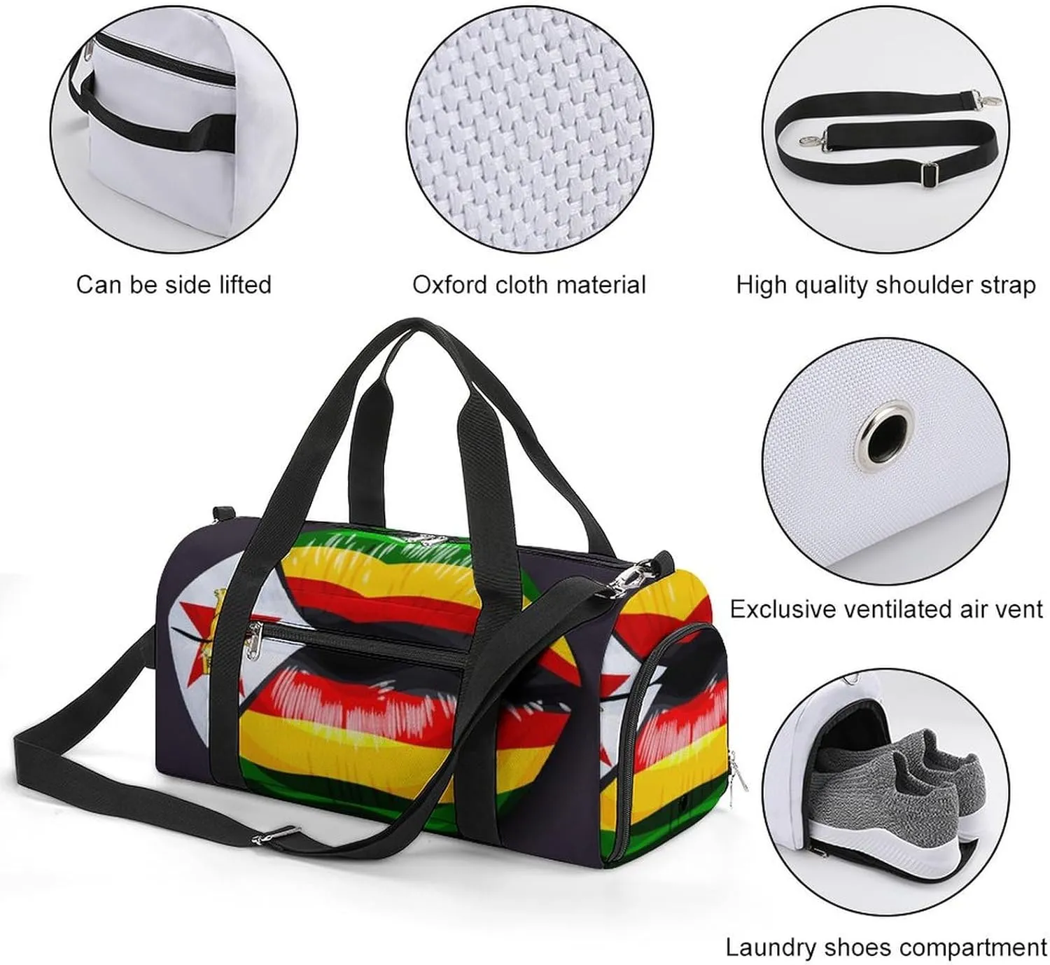 Zimbabwe Flag Lips Sports Duffel Bag with Wet Pocket and Shoe Compartment Travel Weekender