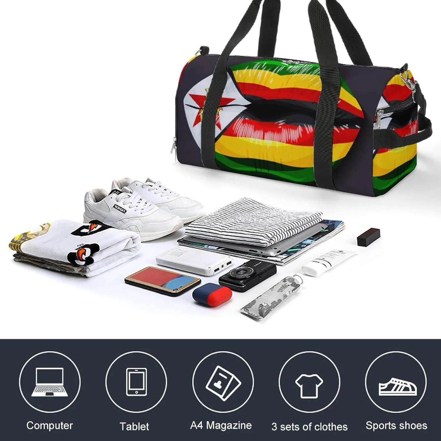 Zimbabwe Flag Lips Sports Duffel Bag with Wet Pocket and Shoe Compartment Travel Weekender