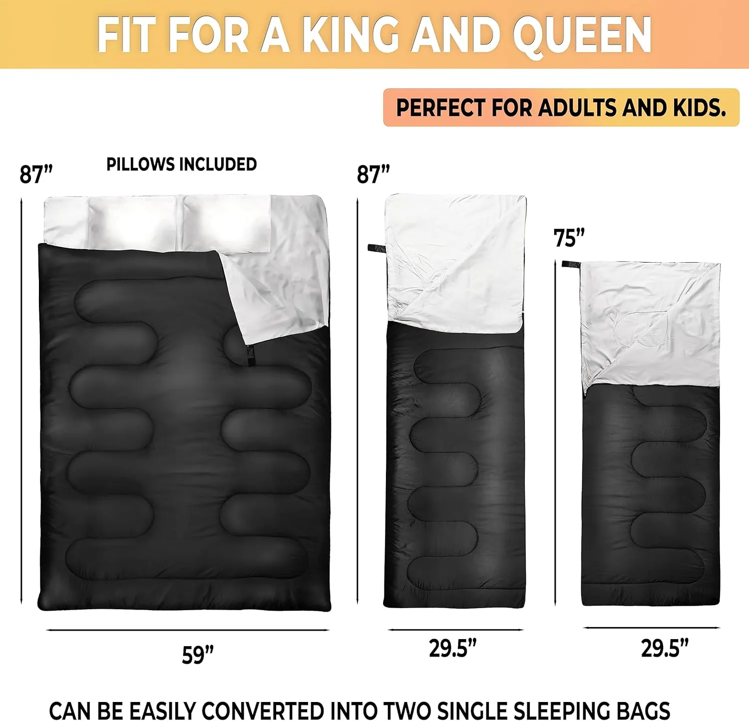 Zone Tech Double Camping Sleeping Bag with 2 Pillows – 3-4 Season Lightweight Waterproof Warm & Cool Weather Adult & Kids Sleeping Bag Converts into 2 Single -Camping, Hiking, & Outdoors