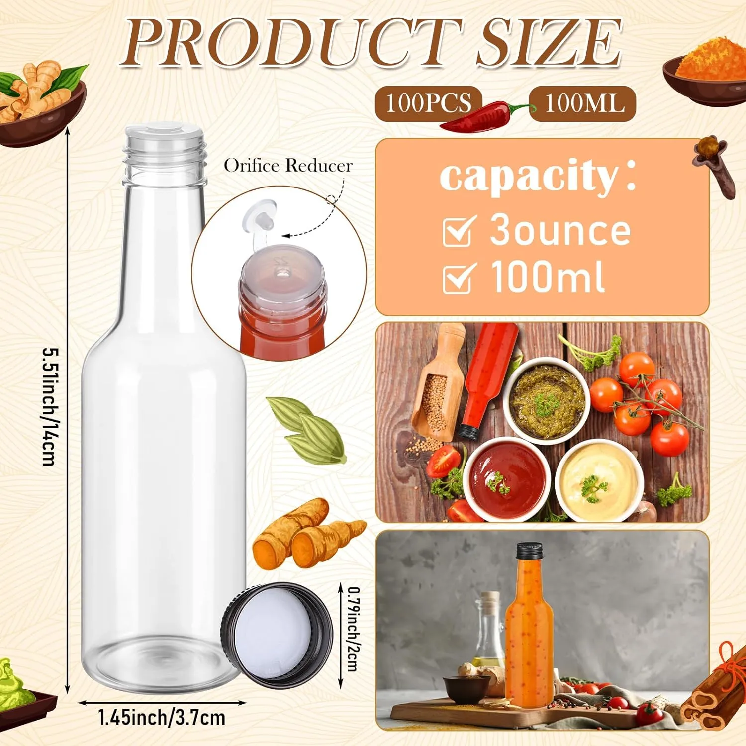 Zubebe 100 Pcs Hot Sauce Bottles Small Plastic Clear Woozy Bottles Empty with Leak Proof Black Screw Cap Mini Wine Liquor jars for Kitchen Sauce Salad Dressing Syrup Juice Whiskey(3 oz)